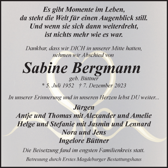 Traueranzeige von Sabine Bergmann von Volksstimme Magdeburg