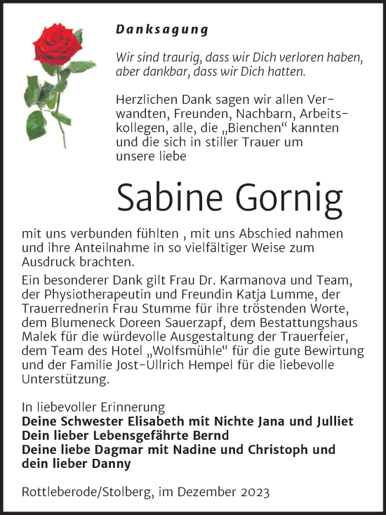 Traueranzeige von Sabine Gornig von Trauerkombi Sangerhausen