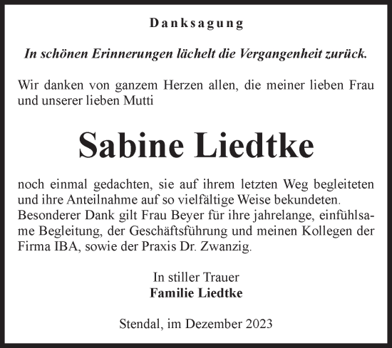 Traueranzeige von Sabine Liedtke von Volksstimme Altmark Ost