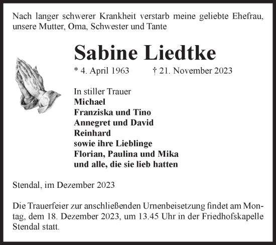 Traueranzeige von Sabine Liedtke von Volksstimme Altmark Ost