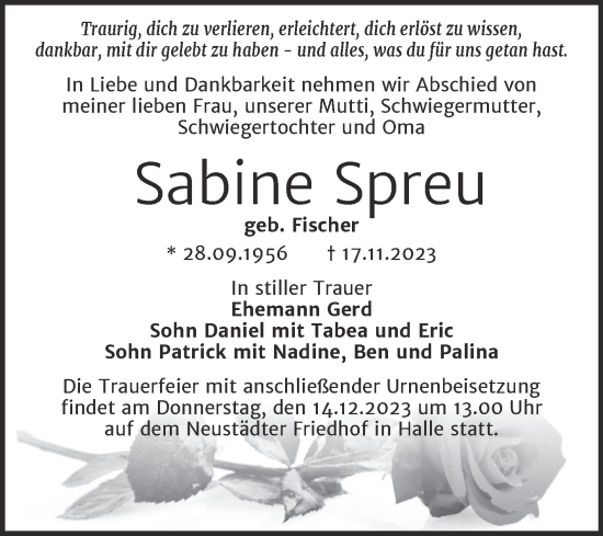 Traueranzeige von Sabine Spreu von Mitteldeutsche Zeitung Halle/Saalkreis