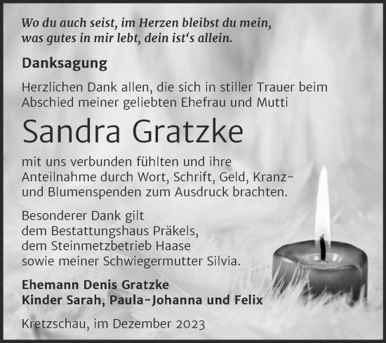 Traueranzeige von Sandra Gratzke von Trauerkombi Zeitz