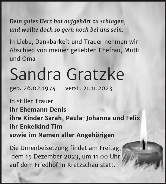 Traueranzeige von Sandra Gratzke von Trauerkombi Zeitz