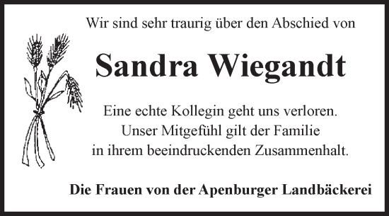 Traueranzeige von Sandra Wiegandt von Volksstimme Altmark West