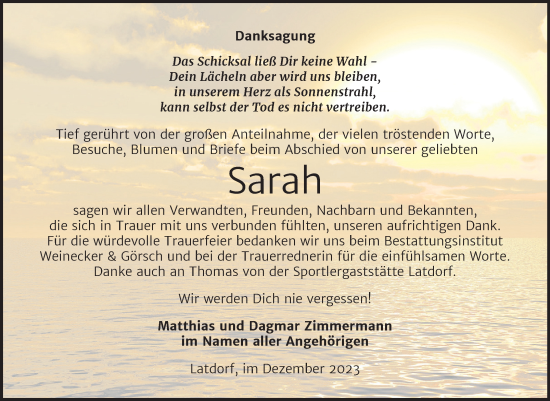 Traueranzeige von Sarah  von Trauerkombi Bernburg