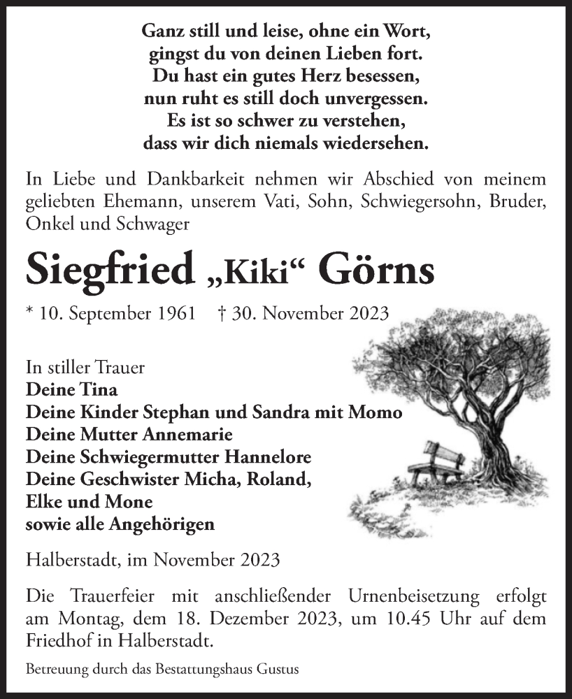  Traueranzeige für Siegfried  Görns vom 09.12.2023 aus Volksstimme Halberstadt