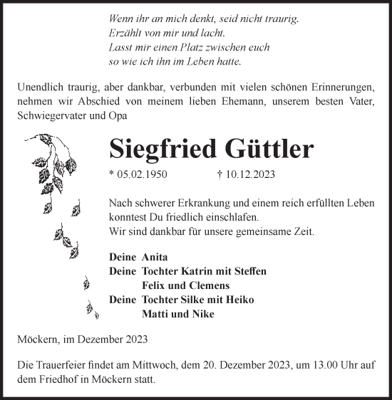 Traueranzeige von Siegfried Güttler von Volksstimme Burg/Genthin