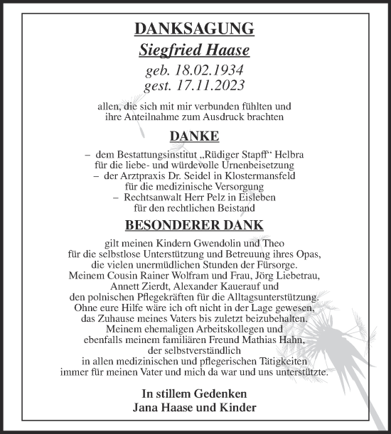 Traueranzeige von Siegfried Haase von Trauerkombi Mansfelder Land