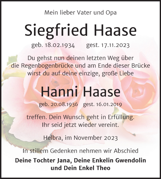 Traueranzeige von Siegfried Haase von Trauerkombi Mansfelder Land