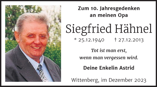 Traueranzeige von Siegfried Hähnel von Trauerkombi Wittenberg