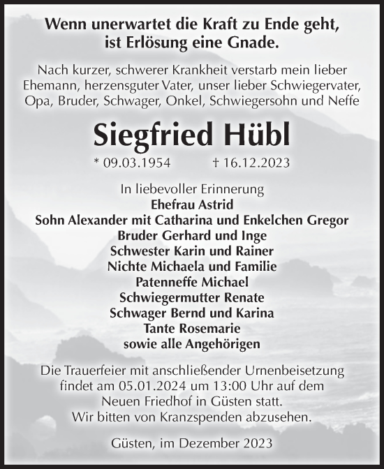 Traueranzeige von Siegfried Hübl von Volksstimme Staßfurt