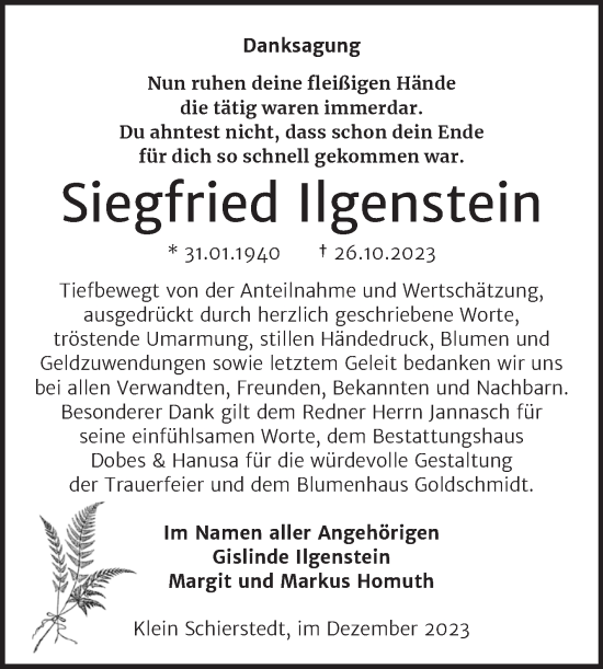 Traueranzeige von Siegfried Ilgenstein von Trauerkombi Aschersleben