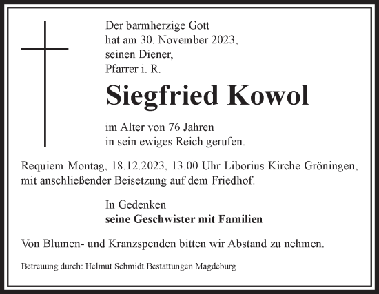 Traueranzeige von Siegfried Kowol von Volksstimme Oschersleben/Wanzleben