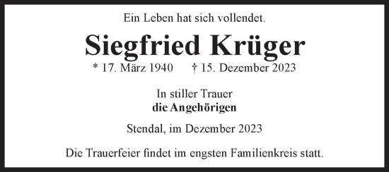 Traueranzeige von Siegfried Krüger von Volksstimme Altmark Ost