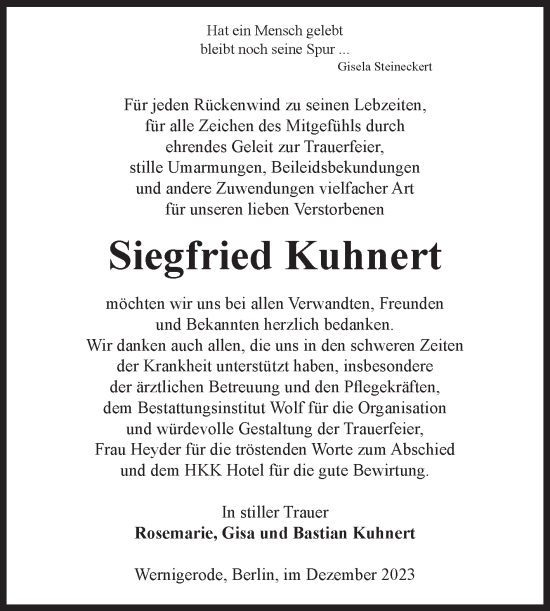 Traueranzeige von Siegfried Kuhnert von Volksstimme Wernigerode