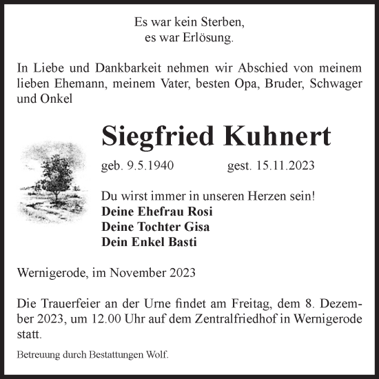 Traueranzeige von Siegfried Kuhnert von Volksstimme Wernigerode