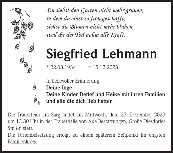 Traueranzeige von Siegfried Lehmann von Volksstimme Magdeburg