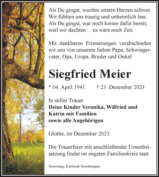 Traueranzeige von Siegfried Meier von Volksstimme Schönebeck
