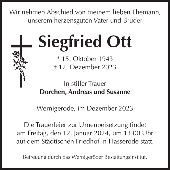 Traueranzeige von Siegfried Ott von Volksstimme Wernigerode
