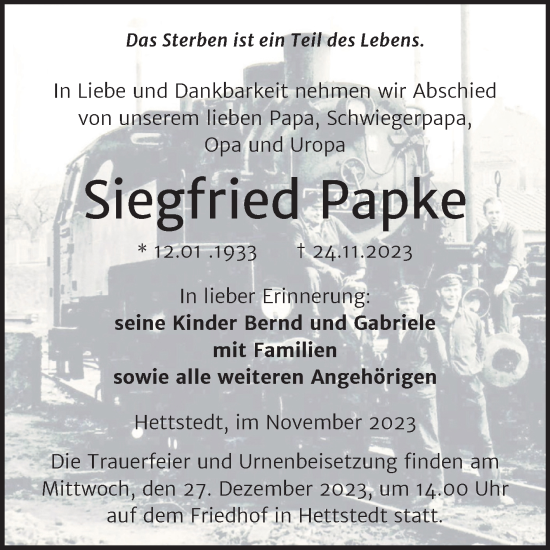 Traueranzeige von Siegfried Papke von Trauerkombi Mansfelder Land