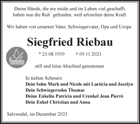 Traueranzeige von Siegfried Riebau von Volksstimme Altmark West