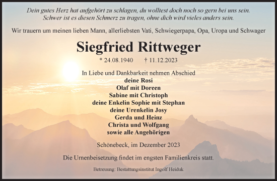 Traueranzeige von Siegfried Rittweger von Volksstimme Schönebeck