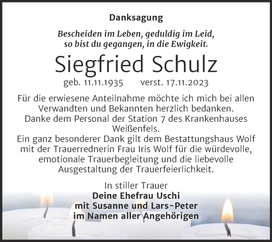 Traueranzeige von Siegfried Schulz von Trauerkombi Weißenfels