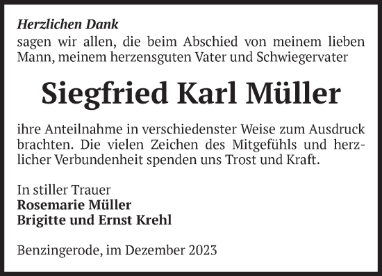 Traueranzeige von Siegfried Karl Müller von Volksstimme Wernigerode