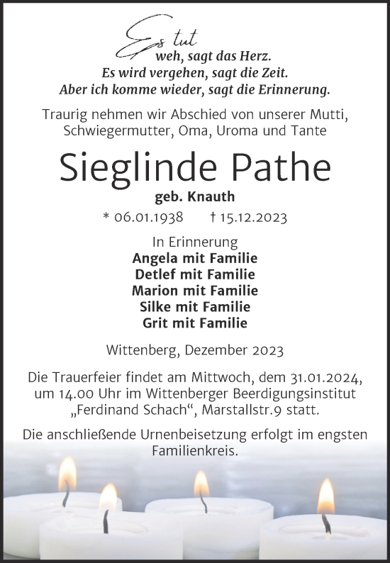 Traueranzeige von Sieglinde Pathe von Trauerkombi Wittenberg