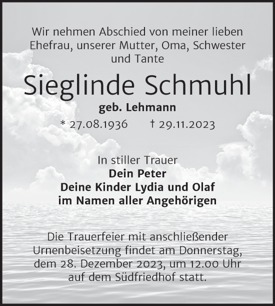 Traueranzeige von Sieglinde Schmuhl von Mitteldeutsche Zeitung Halle/Saalkreis