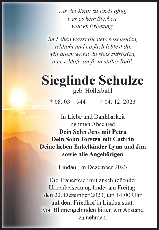 Traueranzeige von Sieglinde Schulze von Volksstimme Zerbst