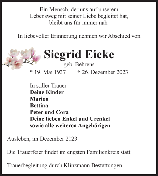 Traueranzeige von Siegrid Eicke von Volksstimme Oschersleben/Wanzleben