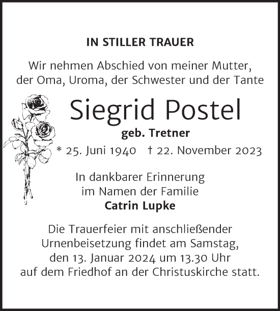 Traueranzeige von Siegrid Postel von Super Sonntag Wittenberg
