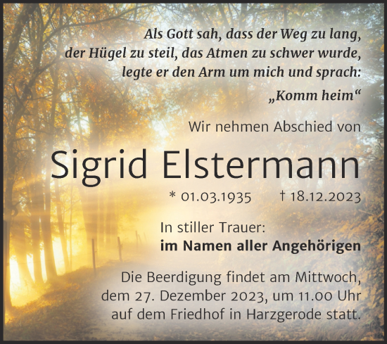 Traueranzeige von Sigrid Elstermann von Trauerkombi Quedlinburg
