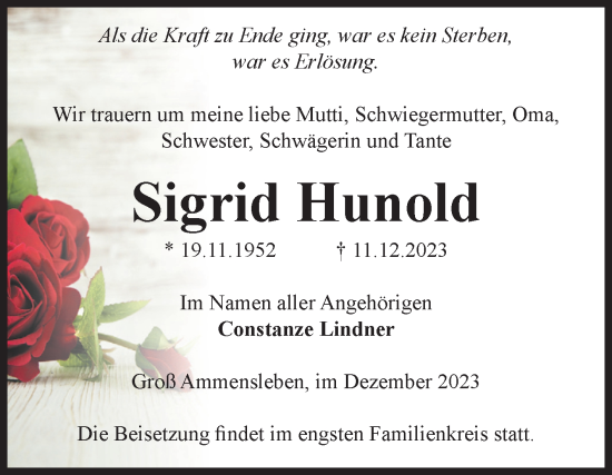 Traueranzeige von Sigrid Hunold von Volksstimme Haldensleben/Wolmirstedt