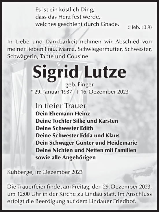 Traueranzeige von Sigrid Lutze von Volksstimme Zerbst