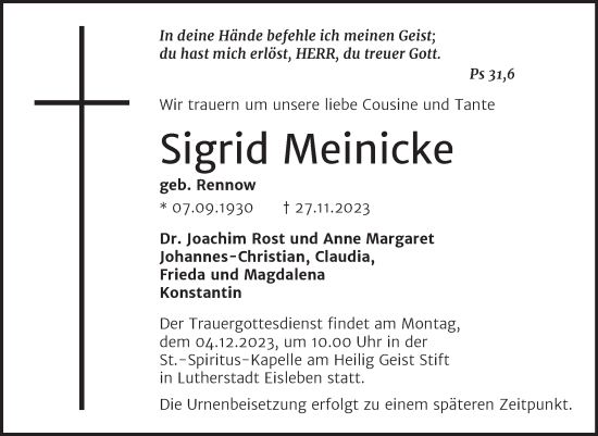 Traueranzeige von Sigrid Meinicke von Trauerkombi Mansfelder Land