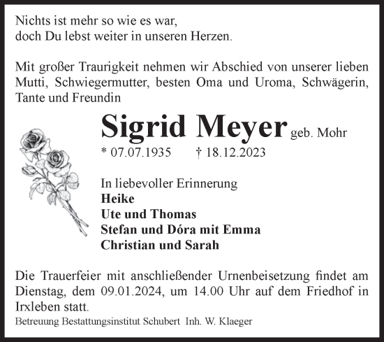 Traueranzeige von Sigrid Meyer von Volksstimme Haldensleben/Wolmirstedt