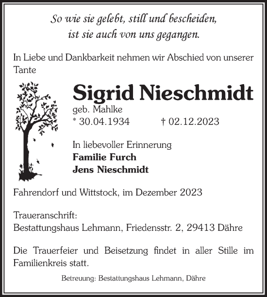 Traueranzeige von Sigrid Nieschmidt von Volksstimme Altmark West