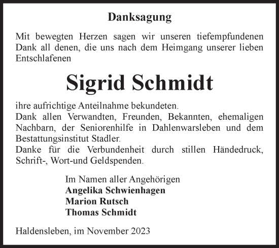 Traueranzeige von Sigrid Schmidt von Volksstimme Haldensleben/Wolmirstedt