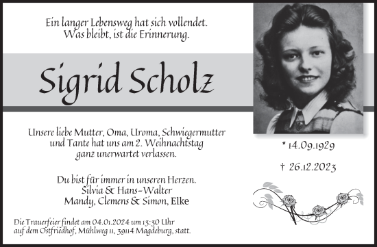 Traueranzeige von Sigrid Scholz von Volksstimme Magdeburg
