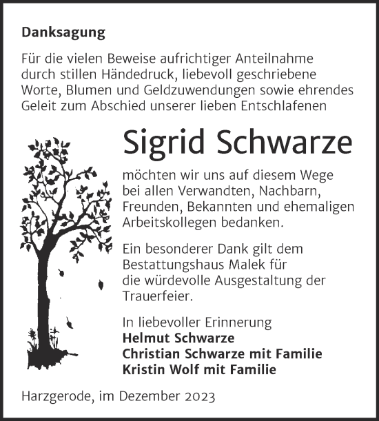 Traueranzeige von Sigrid Schwarze von Trauerkombi Quedlinburg