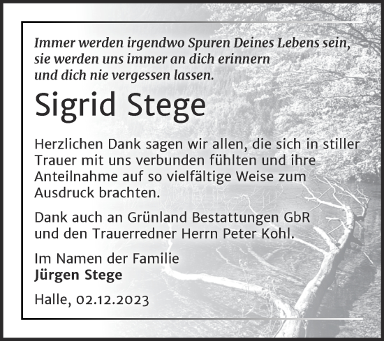 Traueranzeige von Sigrid Stege von Mitteldeutsche Zeitung Halle/Saalkreis