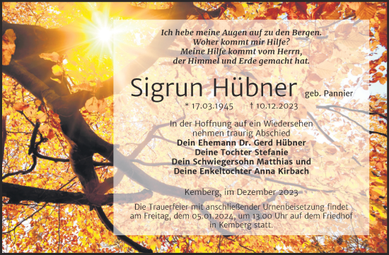 Traueranzeige von Sigrun Hübner von Trauerkombi Wittenberg