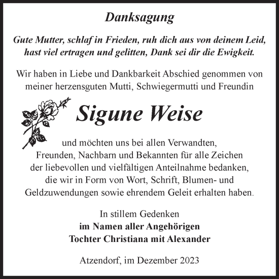 Traueranzeige von Sigune Weise von Volksstimme Staßfurt