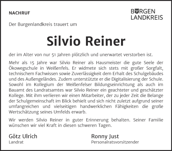 Traueranzeige von Silvio Reiner von Mitteldeutsche Zeitung Weißenfels