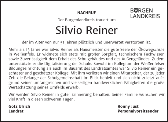 Traueranzeige von Silvio Reiner von Super Sonntag Weißenfels