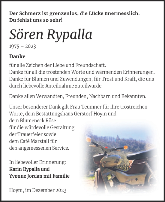 Traueranzeige von Sören Rypalla von Trauerkombi Aschersleben