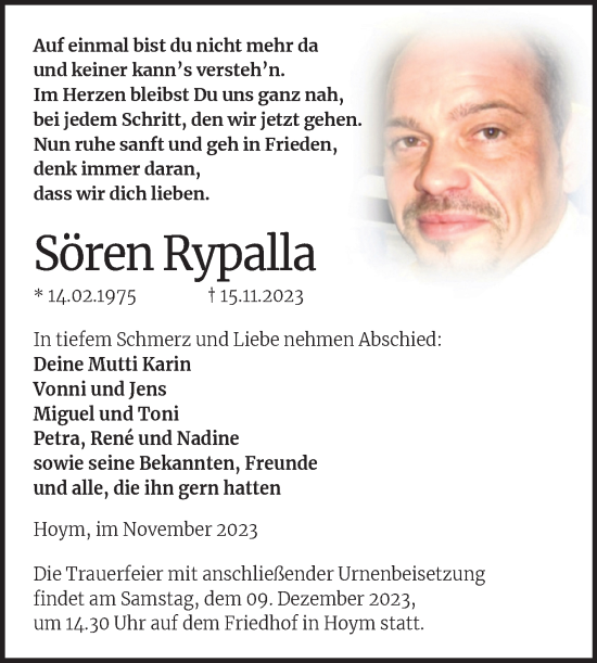 Traueranzeige von Sören Rypalla von Trauerkombi Aschersleben