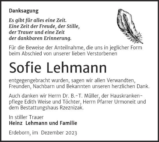 Traueranzeige von Sofie Lehmann von Trauerkombi Mansfelder Land